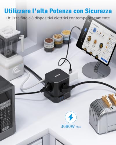 TOPREK Power Strip Cube with 4 Universal Sockets ITA 10/16A and Schuko and 2 USB C (20W PD3.0 Quick Charge) and 2 USB A, Multiple Socket with Switch, 1.5 Metres 90° Elbow Plug Cable, 3680W/16A