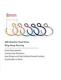 Stainless Steel Fake Nose Rings 20G Faux Piercing Jewelry 8mm Hoop for Faux Lip Septum Nose Ring Boby Piercing (6 pcs)