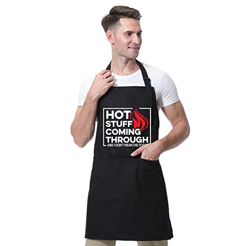 Hot Stuff Coming Through - Black Aprons for Men with 3 Pockets - Funny Birthday, Valentines Day Cooking Gifts for Men, Boyfriend, Him - Husband Valentine Gifts from Wife - Miracu Kitchen Chef Apron