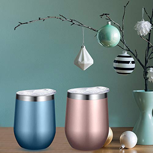 Stemless Wine Tumbler with Lid and Straw, Bastwe 4 Pack 12oz Stainless Steel Wine Glass, Double Wall Insulated Wine Tumbler for Champagne, Cocktail, Beer, Coffee, Drinks (Rose Gold)