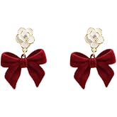 Red Bows Earrings for Women Christmas Pearl Bow Earrings Red Bow Earring Pearl Bowknot Drop Earring Xmas Holiday Christmas Jewelry
