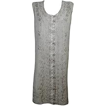 Mogul Womens Shift Dress Grey Sleeveless Embroidered Button Front Boho Sundress