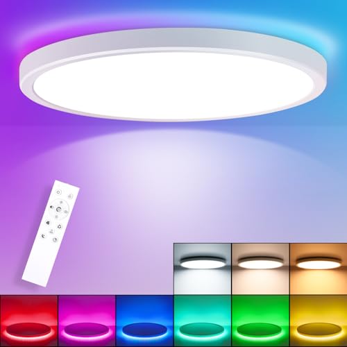 Oraymin Ceiling Light with Remote Control, Diameter 30 cm, 24 W, 3300 lm, LED Ceiling Light, RGB Colour Changing Round, 3000 K - 6500 K LED Ceiling Light, Dimmable for Bedroom, Kitchen, Living Room, Corridor, Balcony