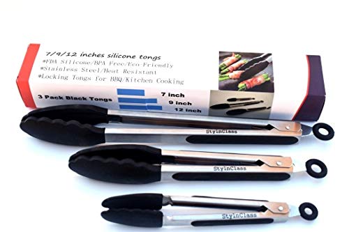 StylnClass Premium Stainless Steel Non Stick Heat Resistant Kitchen Tongs With Silicon Tips Set (7inch, 9inch And 12inch) For Barbeque, Cooking And Grilling