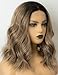 Persephone Ombre Lace Front Bob Wig Brown Middle Part Ombre Synthetic Wig Short Wavy Brown Wigs Bob for Women with Dark Roots Heat Resistant