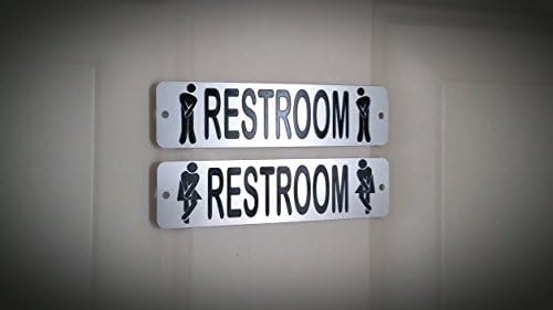 Metal Restroom Door Signs - Set of 2 - Etched Stainless Steel - with screws or magnetic - 5.7 x 1.5 inches