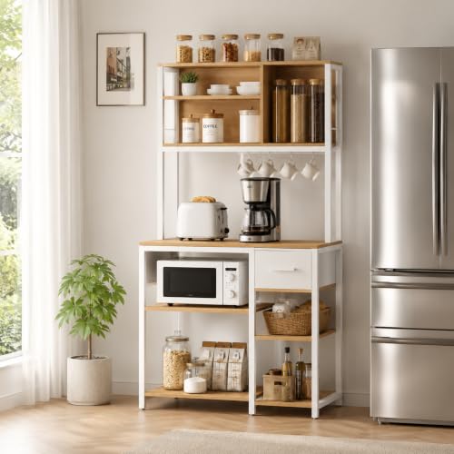 NEWBLUE Alacenas para Cocina, Ajustables Estante para Microondas de Cocina con Enchufes y 12 Ganchos, Cajón de Tela, Muebles para Microondas Mueble para Sala, Cafetería