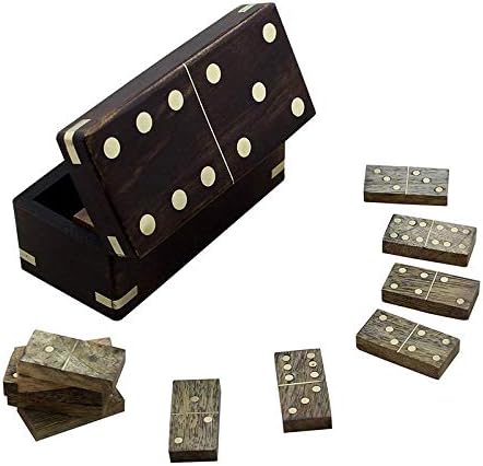 RoyaltyCLIQ Wood Dominoes sets with double six 28 tiles handmade block game box, Brown