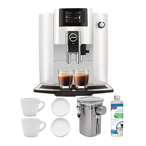 Jura E6 Automatic Coffee Center (Piano White) with Descaling Liquid, 2 Cup and Saucer Sets and