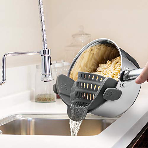 UNIVERSAL DESIGN: The specially designed clips will fit nearly all round pots, pans, and big and small bowls (including lipped bowls).. KITCHEN GIZMO GUARANTEE: All our products come with a 1-year warranty. We will replace all defective products if purchased brand new from Amazon - free of charge.. PACKAGE INCLUDES: One Snap N Strain Strainer (Grey). SPACE SAVING: Small, compact strainer that is easy to use and store in a quarter the size of the traditional colander. Great when working with limited counter space.. Make sure this fits by entering your model number.. ORIGINAL MANUFACTURERS: This is the original Snap n' Strain designed and manufactured by Kitchen Gizmo!