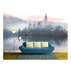 Misty Evening at The Bled Lake - Removable Wall Mural | Self-Adhesive Large Wallpaper - 66x96 inches