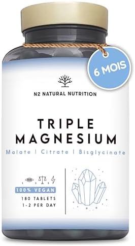 Triple Magnésium Bysglicinate, Citrate de Magnesium et Magnesium Malate. 180 comprimés (6 mois) Multiples Bienfaits: Digestion, Muscles, Nerveux. Anti Stress et Fatigue. 220 mg. N2 Natural Nutrition