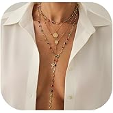 KYHNG 4Pcs/set Long Colorful Crystal Necklace,Adjustable Layered Dainty Crystal Clavicle Chain Necklace Summer Beach Cross Pendant Chest Chain Jewelry for Women