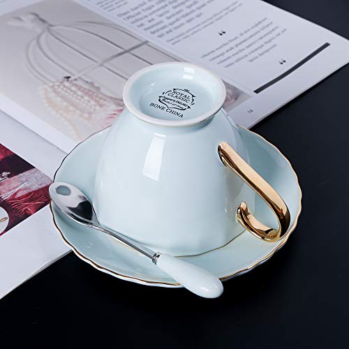 ARTVIGOR 12-Piece Silver Rimmed Coffee Tea Set fo with Saucers and Spoons New Bone China 6.8oz Teacups, 14.6 x 14 x 4.1 inches Blue