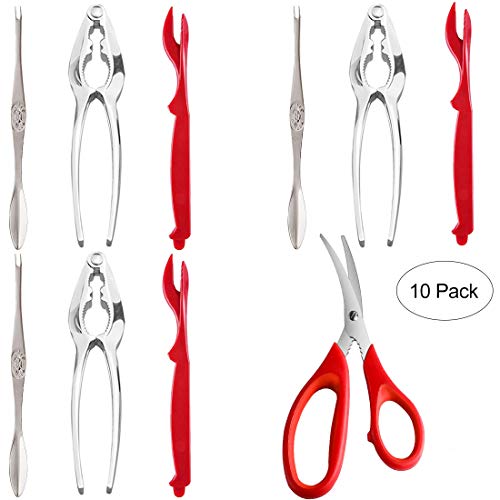 10 Pack Crab Leg Crackers and Tools Including 3 Lobster Crab Crackers 3 Lobster Shellers 3 Seafood Forks and 1 Scissor