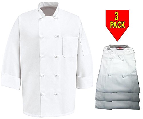 350 Chef Apparel 10 Knot Button Chef Coat-Easy-Care Twill,3 Pack White,Small