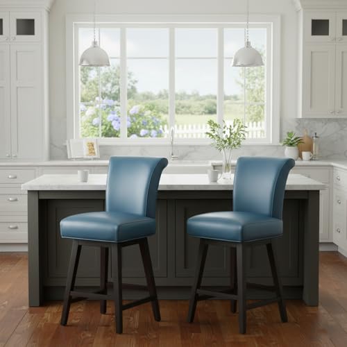 CHITA 26 Inch Counter Height Swivel Bar Stools Set of 2, FSC Certified Modern Upholstered Faux Leather Swivel Barstool Chair with Back, Blue