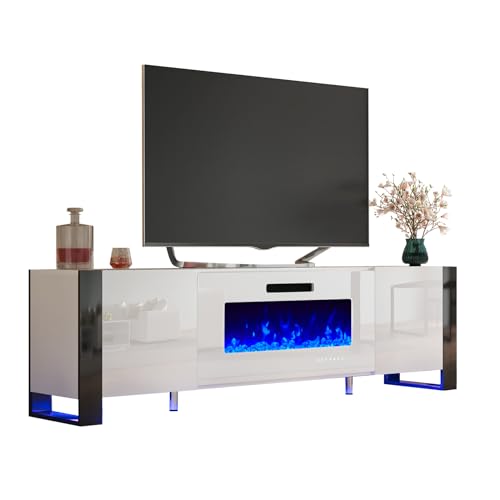 Jocisland 70" Fireplace TV Stand with 36" Electric Fireplace, Entertainment Center with High Gloss Doors & LED Lights, Modern Entertainment Stand for TVs up to 80", All White