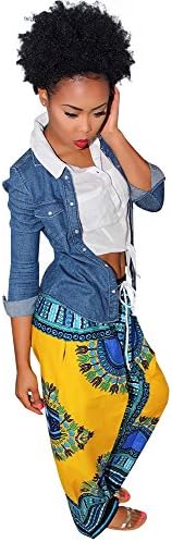 Womens Dashiki Drawstring Waist Trousers Bohemian Wide leg Lounge Pants Yellow S