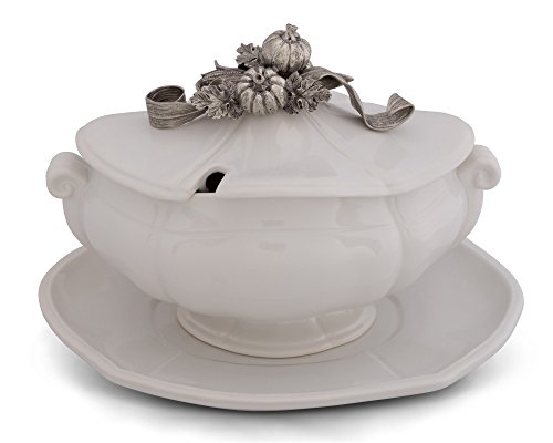 Vagabond House Soup Tureen Stoneware Pewter Harvest Pattern Pumpkins corn stock and fall leaves - 3 pieces Tureen/Lid / Tray