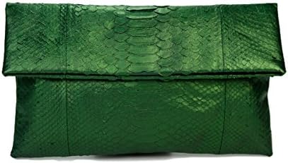 Genuine Metallic Moss Green Python Leather Classic Foldover Clutch Bag