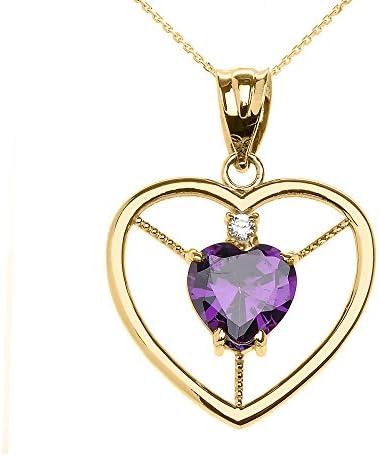 14k Yellow Gold Heart February Birthstone Genuine Amethyst and Diamond Open Heart Pendant Necklace