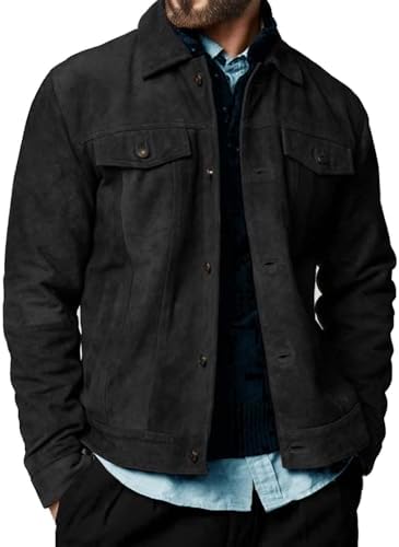 Men's Black Suede Leather Shirt Style Trucker Bomber Jacket