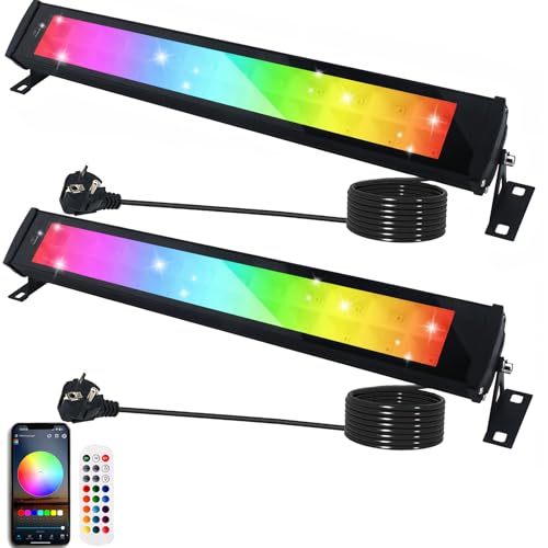50W Outdoor RGB LED Floodlight, 2PCS Color LED Projector with Remote Control 2.4G and Bluetooth APP Projector RGBW IP66 Waterproof Spot Led Color LED RGB Dimmable Bar for Garden Tree Festival