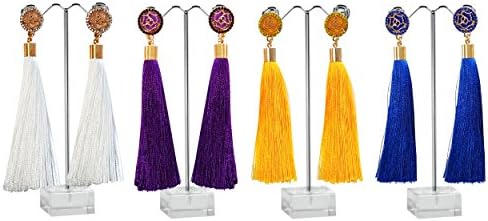 AZUMARAO Bohemian Long Thread Tassel Earrings - Set of 4 Pairs - White, Royal Blue, Yellow and Purple - Gold Plated Zinc Alloy and Crystal Rhinestone
