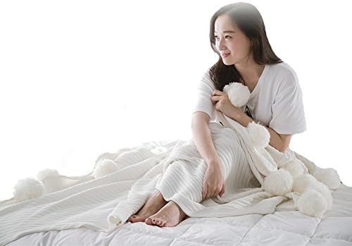 TonTech 100% Cotton Cute Pompoms Cable Knitting Soft Sofa Bedding Couch Car Cover Throw Blanket 150x200cm/59x78.7" for Summer (White)
