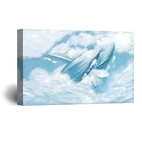 Hand Drawing Style Mystical Blue Whales Dancing in The Clouds Gallery 12x18 inches