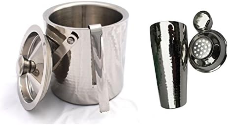 Double Walled Ice Bucket, Cocktail Shaker and Tong Stainless Steel Hammered Finish Barware Set of 3
