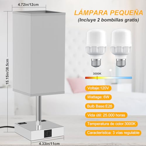 Sunsign Lámparas de Mesa táctil para 2 piezas, 3 Niveles de Brillo, lampara de noche con 2 Puertos USB (A+C) y 2 Salidas de CA, Lámpara de Lectura para habitación (bombilla incluida, Gris)