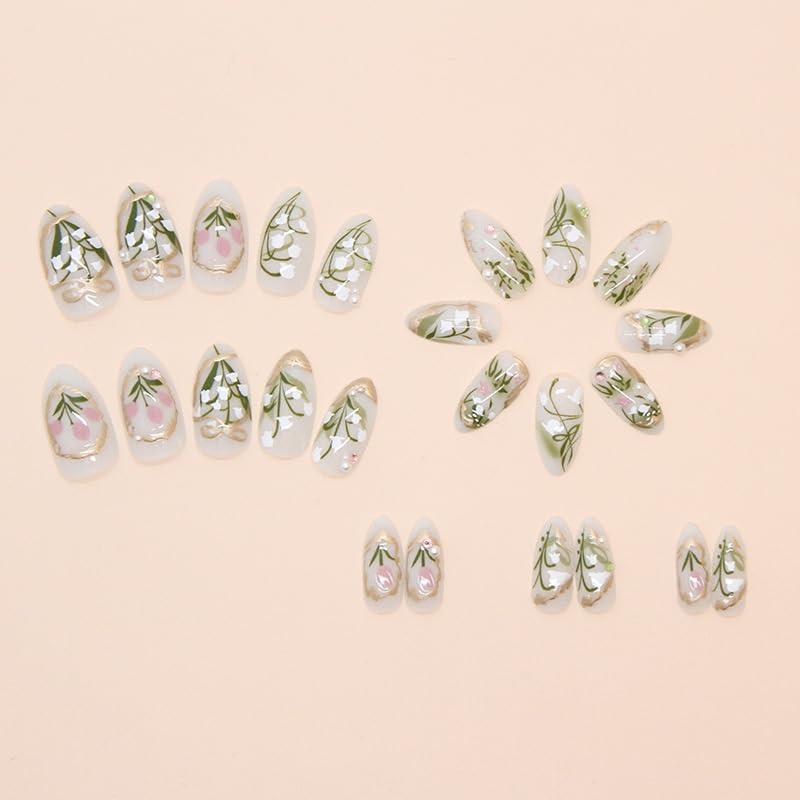 24Pcs Flower Bow Press on Nails Short Almond Fake Nails with 3D Pearl Diamond Design Pink White Flower Full Cover Stick on Nails Handmade Artificial Gradient Glossy Acrylic Nails False Nails for Women - Image 4