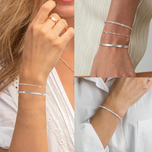 CASSIECA Sterling Silver Bracelets for Women Ladies Silver Bracelets Layered Dainty Link Chain Bracelet Adjustable Stackable Beaded Bracelets for Women Girls