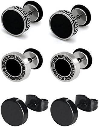 EVELICAL 3 Pair Stainless Steel Stud Earrings for Men Women Ear Piercing Tunnel Punk Style 6-8MM