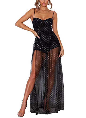 BTFBM Women Sleeveless Straps Side Split Print Long Maxi Romper Dress for Party (Black, Medium)