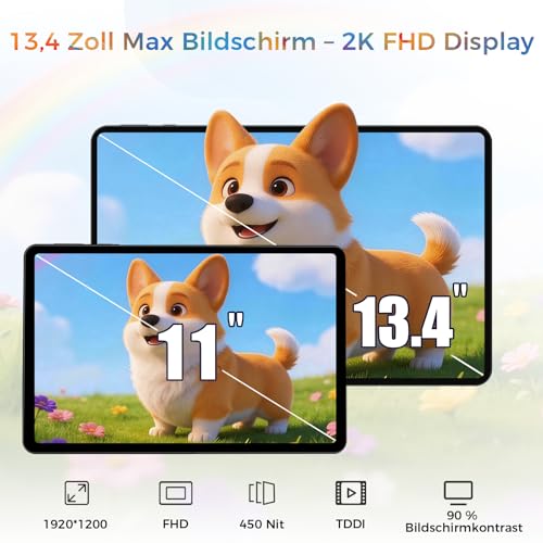 RebotAi 2026 Tablet 13.4 Zoll Android 16 Tablet, 32GB RAM+256GB ROM/1TB TF, 10000mAh Tablet Octa-Core 1920 * 1200 IPS, 5+16MP/GPS/Widevine L1/18W Schnellladung