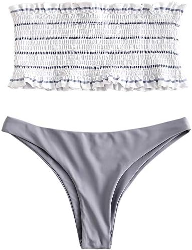 ZAFUL Women's Strapless Striped Frilled Smocked Two Piece Bandeau Bikini Set