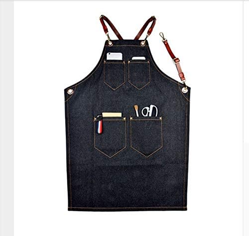 WGXCC Bib Apron Leather Strap Barista Baker Multiple Pocket Bartender Bbq Cook