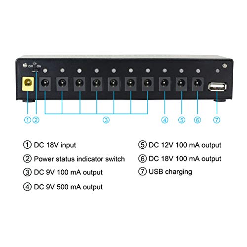 Rowin - PW-1 - Fuente de alimentación para pedal de guitarra con 10 salidas de CC aisladas para pedales de efectos de bajo y guitarra, de 9 V, 12 V y 18 V, con puerto de carga USB