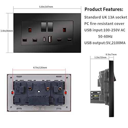 5 Pack CNBINGO Double Switched Power Socket with Dual USB Charging Ports (Type A and C), Black 13 Amp Electric Wall Socket