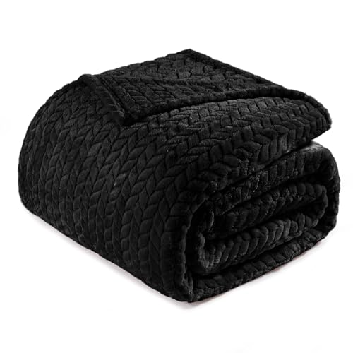 Exclusivo Mezcla King Size Fleece Blanket for Bed, 230x265 CM Soft Cozy Jacquard Flannel Blankets, Lightweight Fuzzy Plush Warm for All Seasons, Black