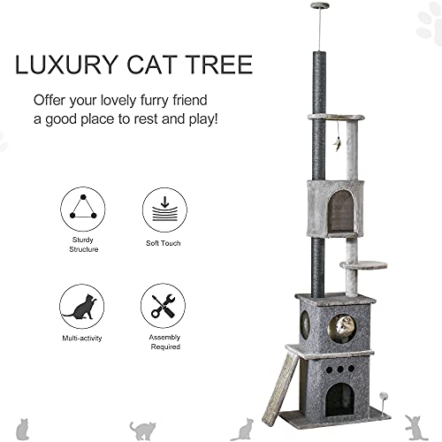PawHut 100" Cat Climbing Tree Adjustable Kitty Activity Center Floorto