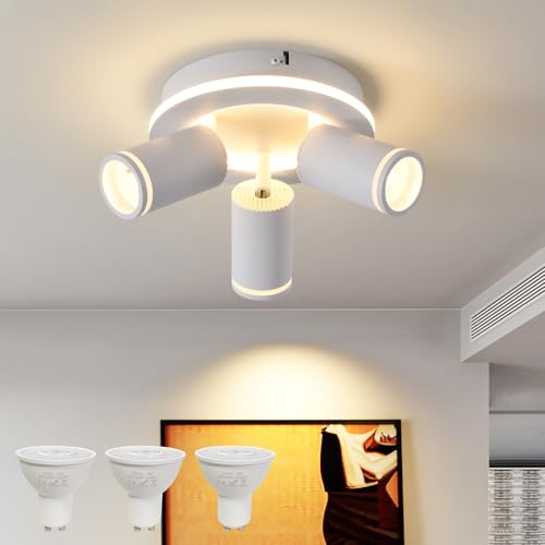 Led Deckenstrahler 3 Flammig Schwenkbar,Rund Deckenleuchte15W+3X5W Gu10 Spot,3000K Warmweiß Deckenspot Strahler,Modern Deckenlampe,Spotleuchte Weiß
