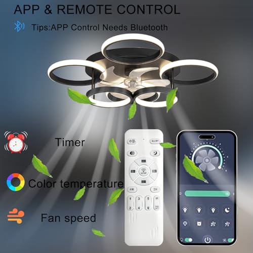SXJCCSM 72 W Dimmable Ceiling Fan Ceiling Light, Silent LED Chandelier Design with 6 Rings with Remote Control and APP, 6 Speeds Reversible, Timing, Suitable for Kitchen, Living Room, Bedroom, Black