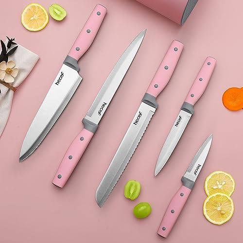 hecef 5 Pieces Kitchen Knives with Magnet Knives Organizers (33 cm), Professional Stainless Steel Kitchen Knives Set with Magnetic Bar Knives (Pink)
