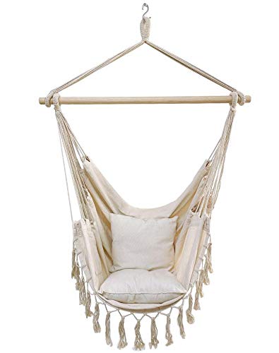 Oneplix Makramee Hängesessel (L100xB95xH130 cm) mit 2 Kissen, Tragetasche und Bücherfach/Hängematte, Hängesitz für… – Bild 7