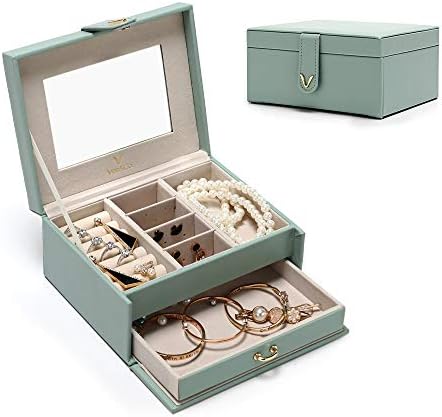 Vee ジュエリーボックス アクセサリー 収納 ピアス 収納 ネックレス 指輪置き アクセサリーケース ミラー付き プレゼント 上品 グリーン