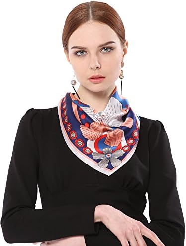 Grace Scarves 100% Silk Scarf, Petite Square, Charmeuse, Art Deco Flowers, Peach/Navy Blue